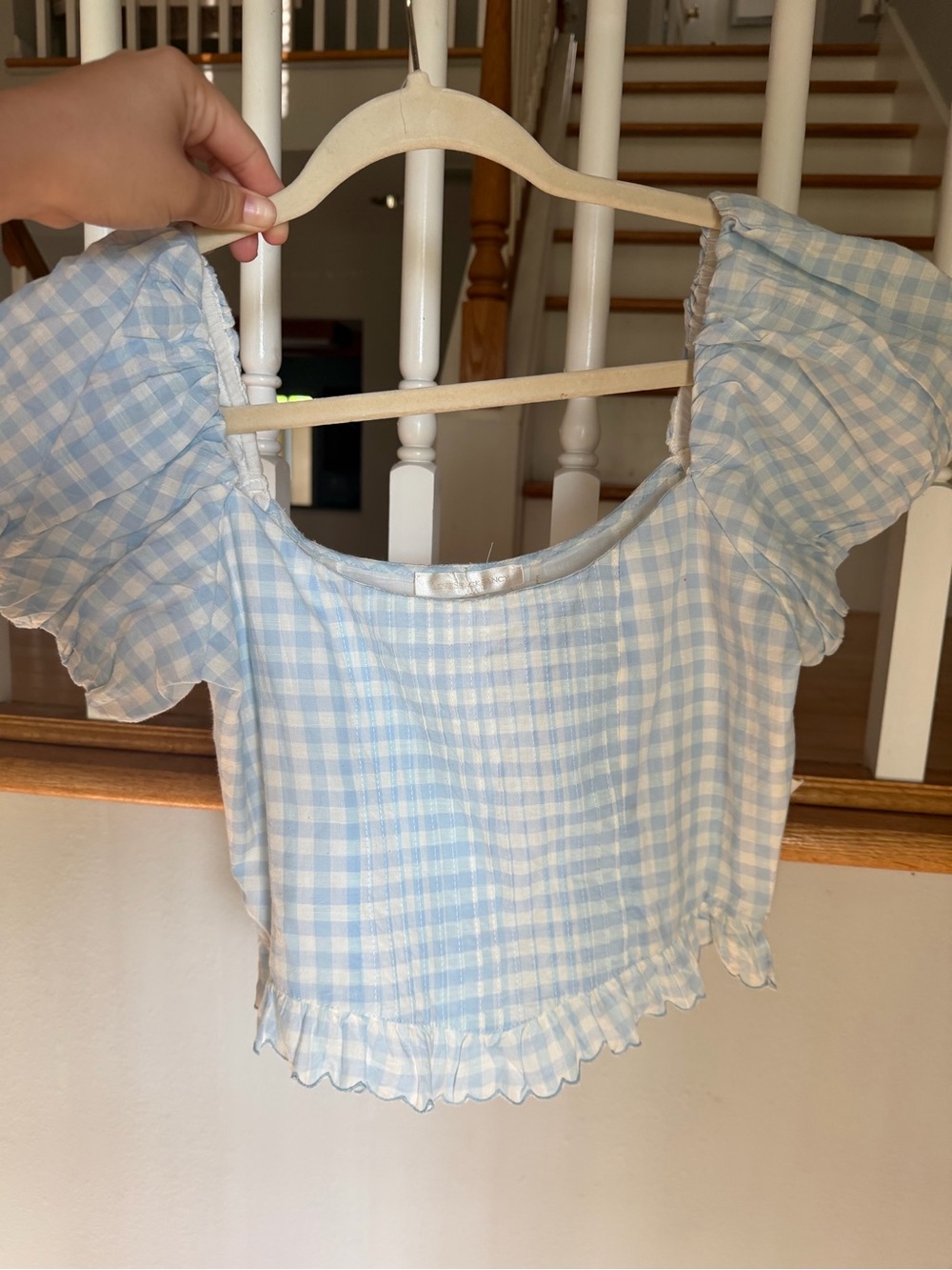 LoveShackFancy Light Blue Gingham Ruffle Crop Top